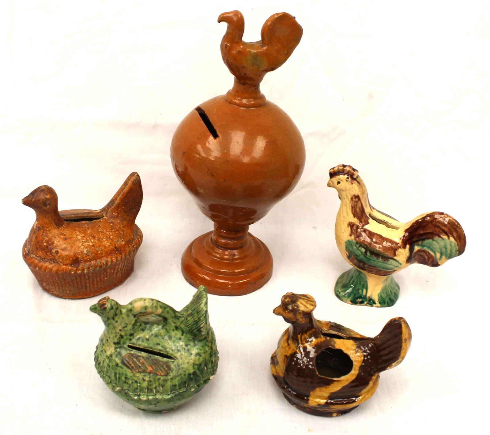 Lot of 5 antique earthenware bird figural banks - 4" tall - 10" tall (1 of 15)