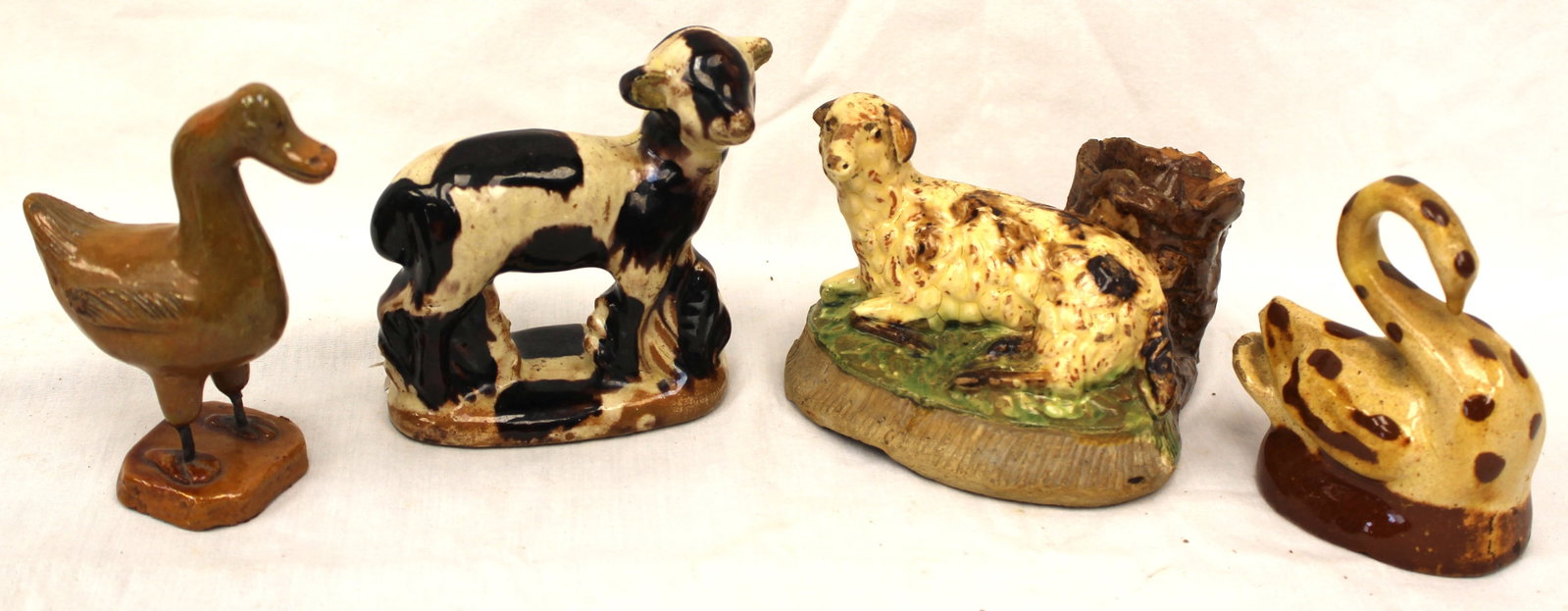 Lot of 4 antique earthenware figures incl swan, sheep, lamb & goose - 2 1/2" - 4 1/2" tall (1 of 10)