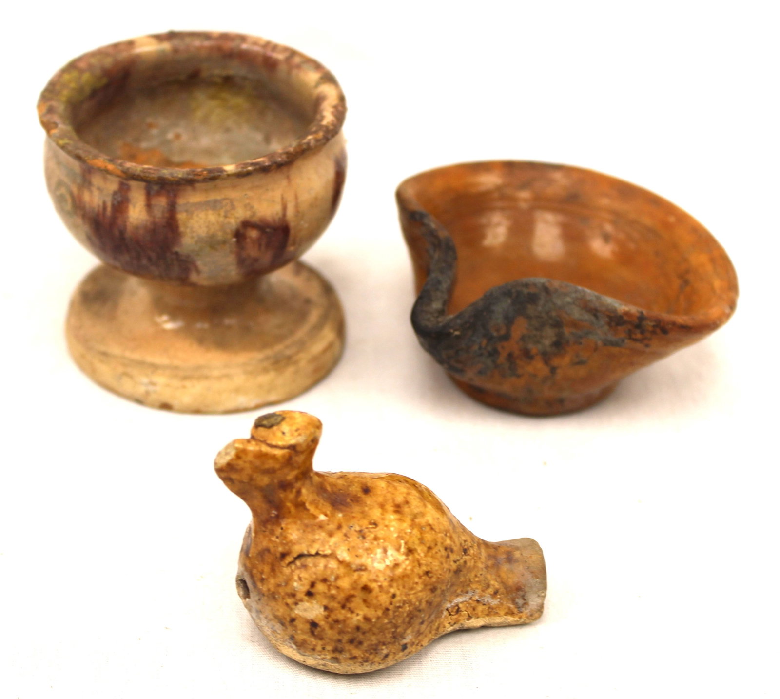 Lot of 3 antique earthenware miniatures incl batter bowl, bird whistle & compote - 1 3/4" tall - 2 (1 of 11)