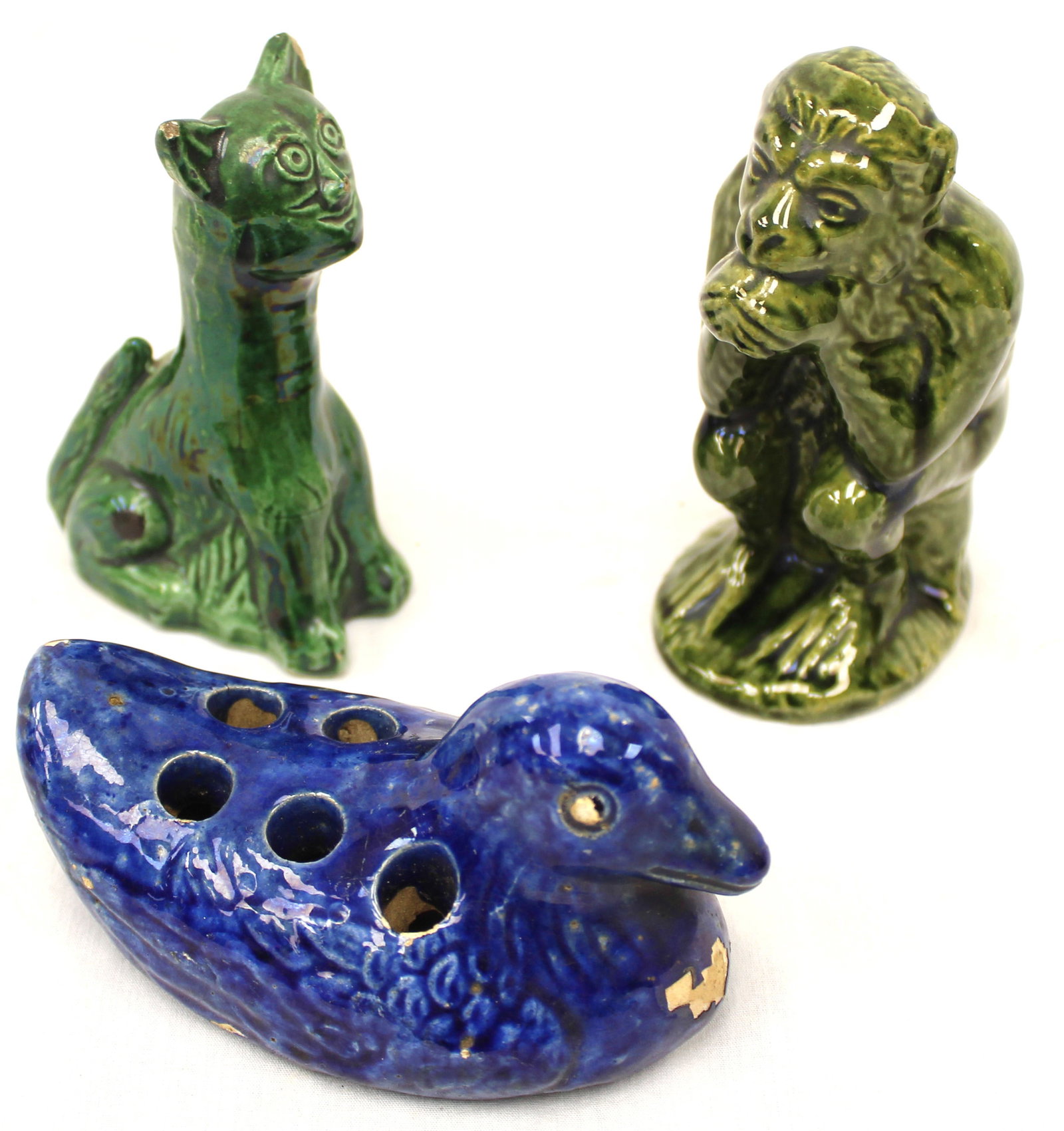 Lot of 3 antique earthenware figures incl monkey, duck & cat - 2 1/2" - 4 1/2" tall (1 of 11)