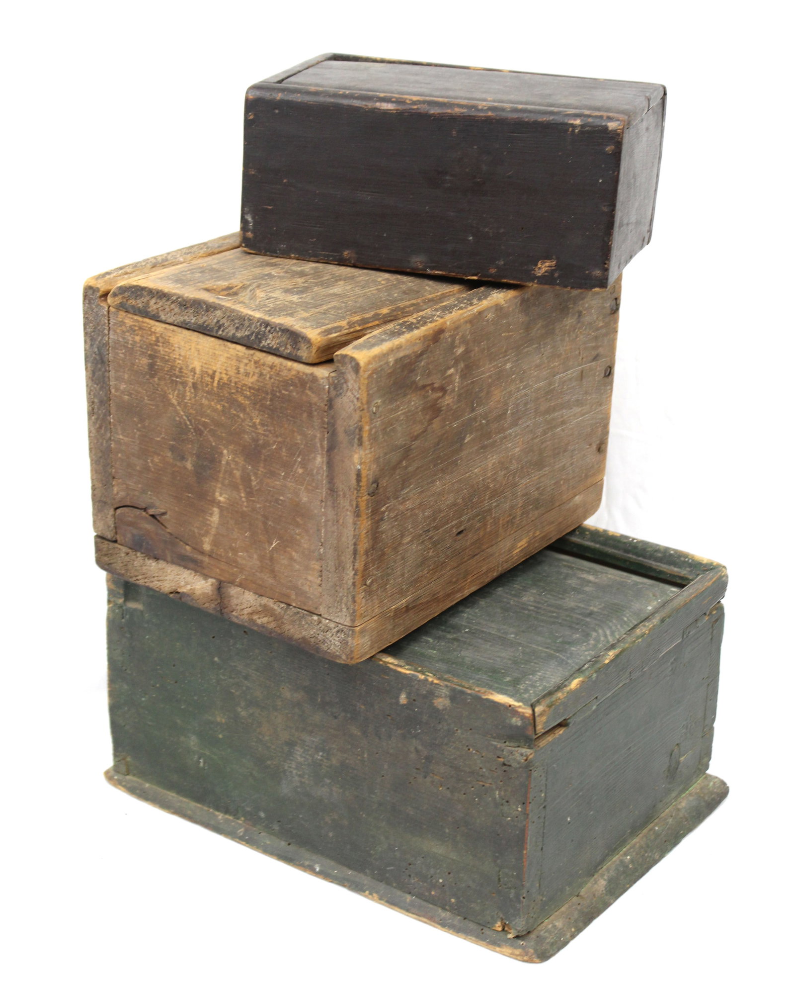 Lot of 3 antique wooden painted slide top boxes - 3 3/4" tall x 8 1/2"x5", 7" tall x 10 1/2"x7 1/2" (1 of 10)