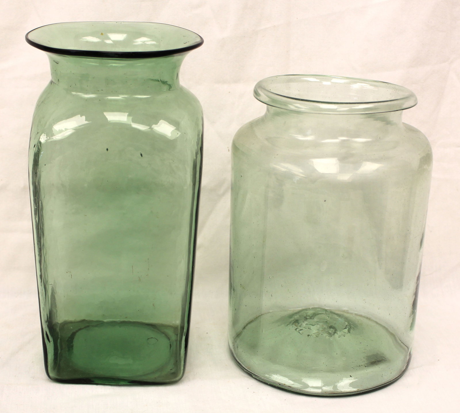 Lot of 2 early green glass jars - 9" & 10 1/2" tall (1 of 7)