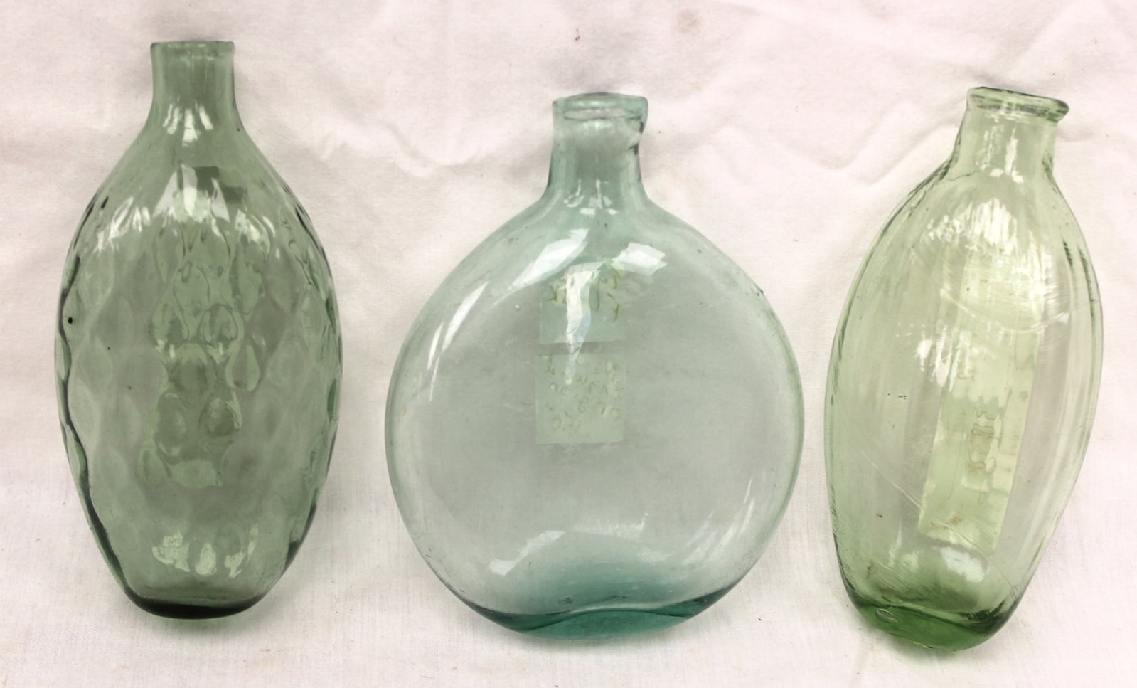 Lot of 3 early green/aqua glass flasks - 5 1/2", 5 3/4" & 6" tall (1 of 8)