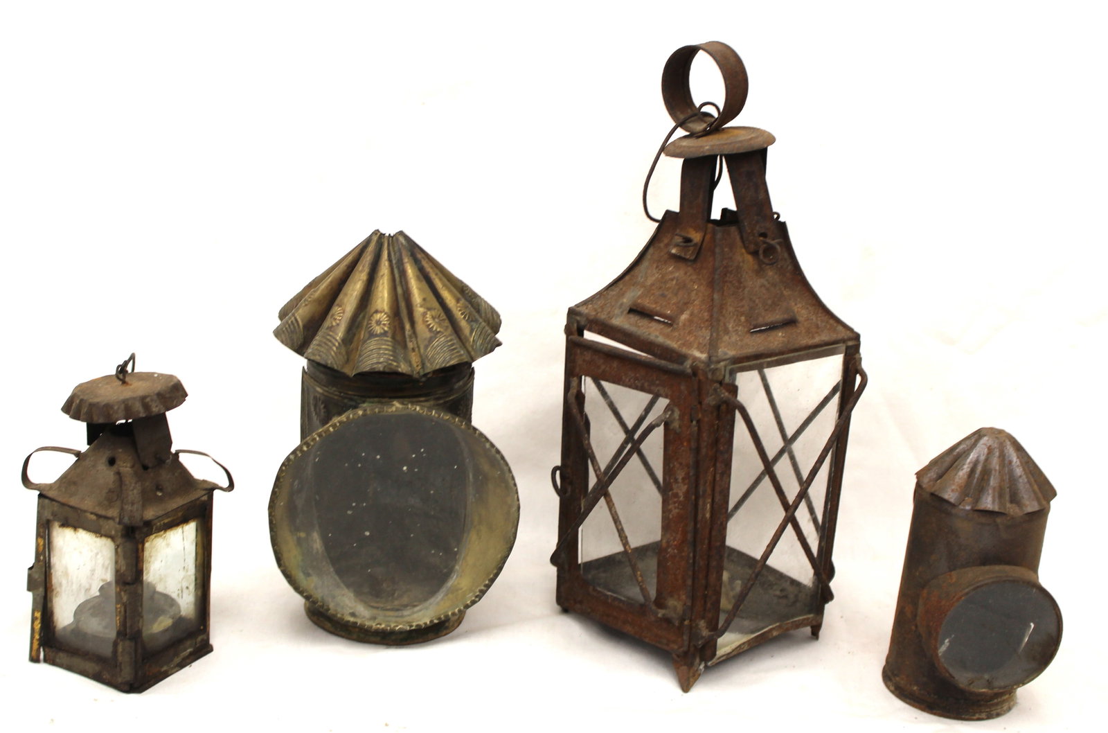 Lot of 4 antique small lanterns - 3 tin & glass & 1 brass & glass - 4 1/2" - 10" tall (1 of 10)