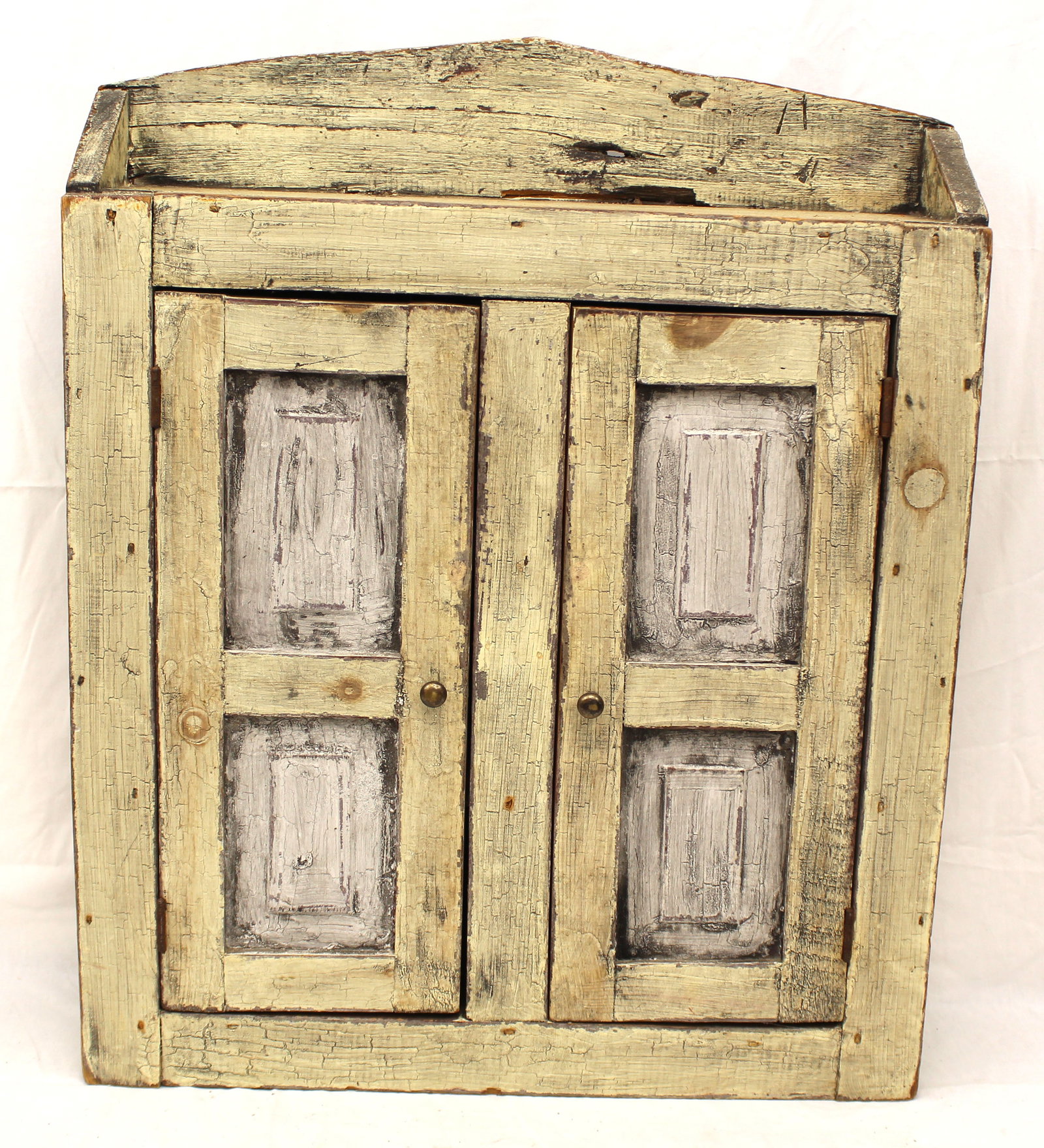 Antique wooden painted 2 door wall cupboard w shelf interior in creamy yellow paint - 29" tall x 24: Antique wooden painted 2 door wall cupboard w shelf interior in creamy yellow paint - 29" tall x 24 3/4"x 6 1/2"