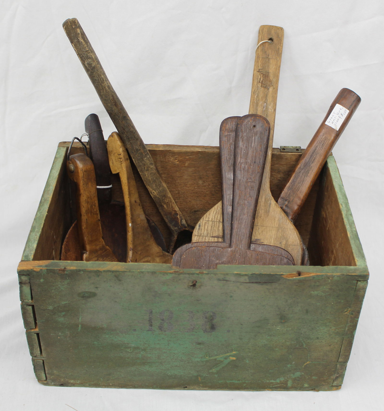 Antique lot of treen scoops & paddles in a wooden green painted box - box measures 7 1/2" tall x (1 of 9)