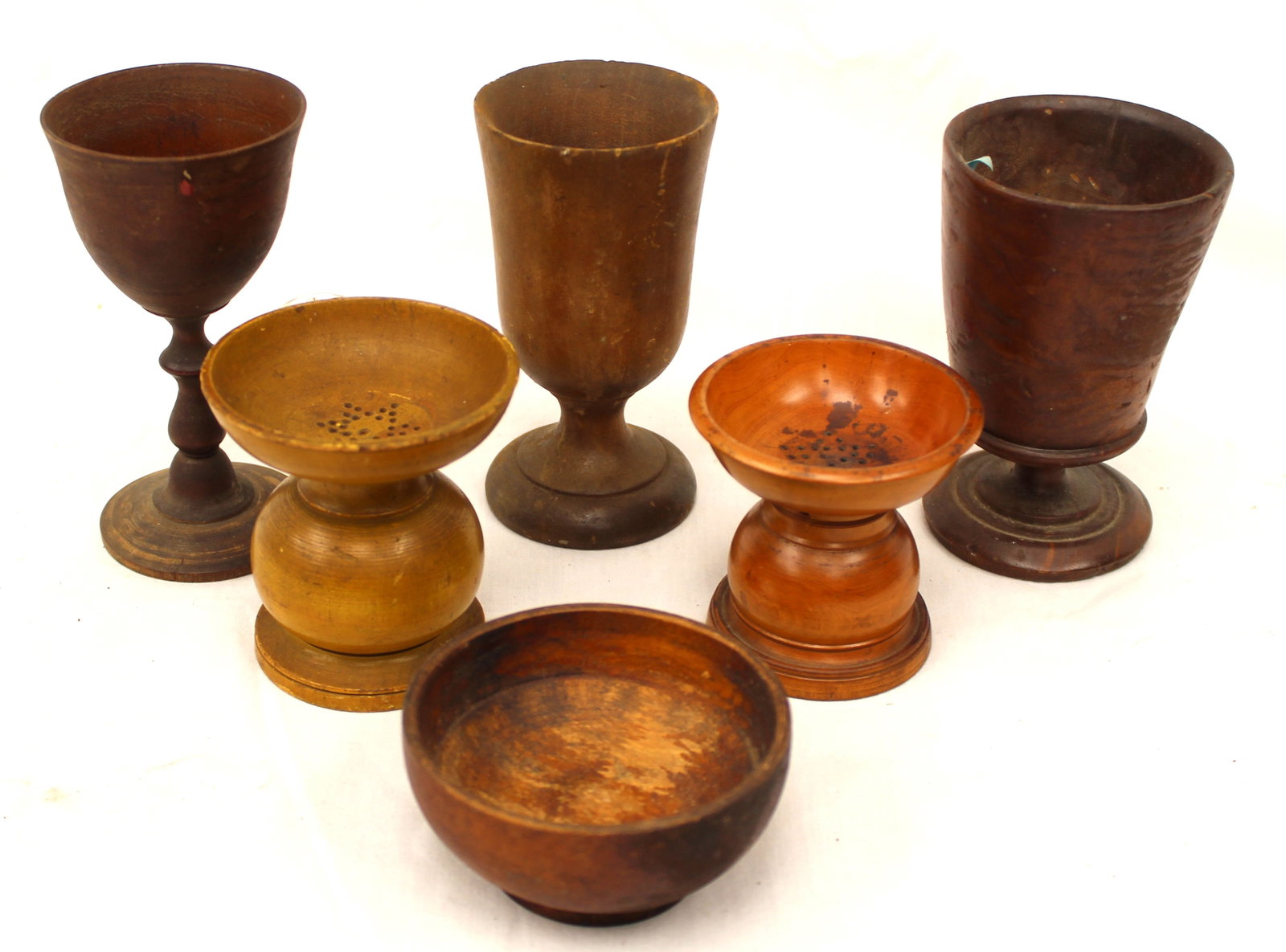 Antique treen lot incl bowl, sanders & chalices - 2" tall x 3 1/2" diam bowl - 5" tall chalice: Antique treen lot incl bowl, sanders & chalices - 2" tall x 3 1/2" diam bowl - 5" tall chalice