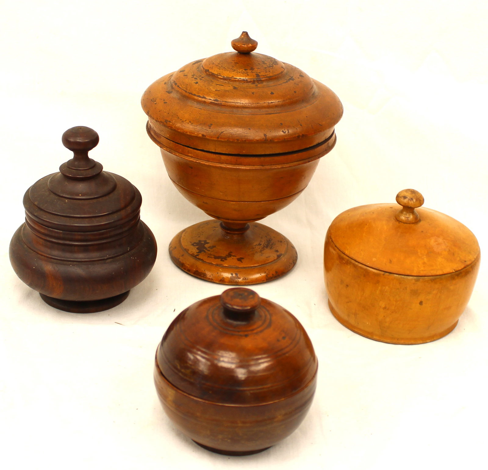 Lot of 4 antique treen covered boxes - smallest to largest 3 1/2" tall - 8" tall (1 of 6)