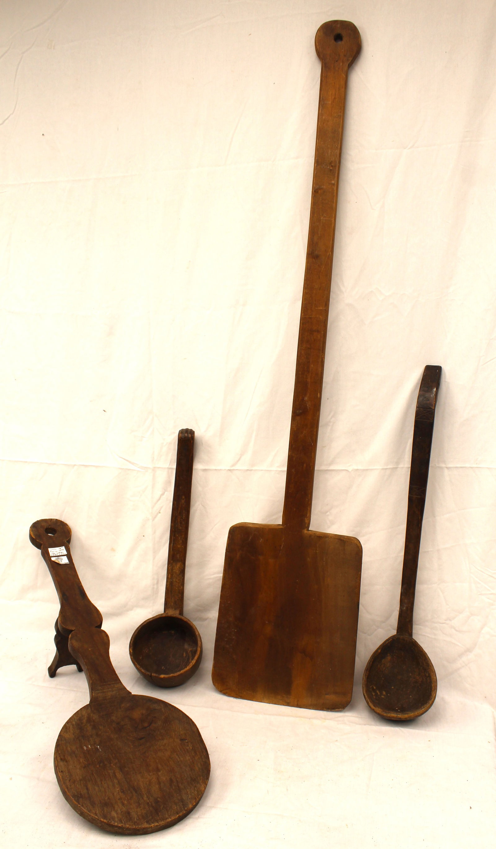 Lot of 4 antique wooden long handled implements - ladles, peel, etc - 21" - 51" long (1 of 8)