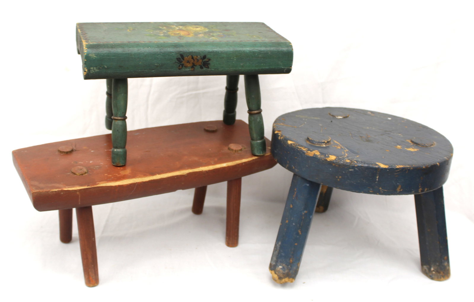 Lot of 3 antique wooden painted footstools (1 of 9)
