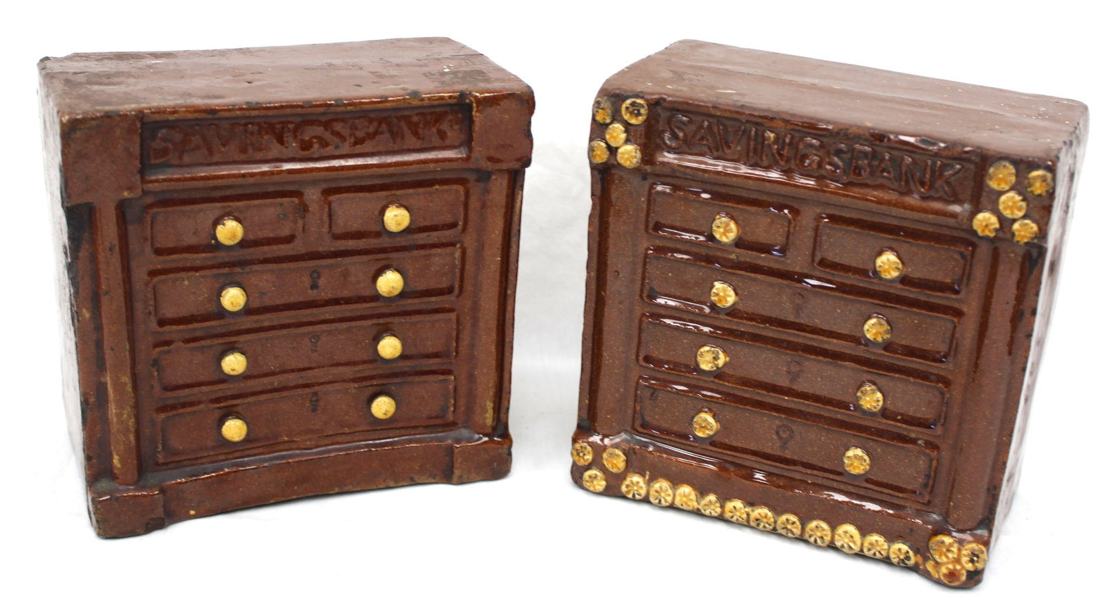 Lot of 2 antique "Savings Bank" redware banks - 7" tall x 7" wide x 4" deep (1 of 6)