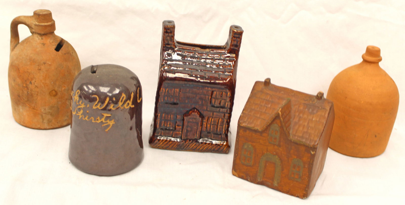 Lot of 5 antique redware banks - 3 1/2" - 5" tall (1 of 12)