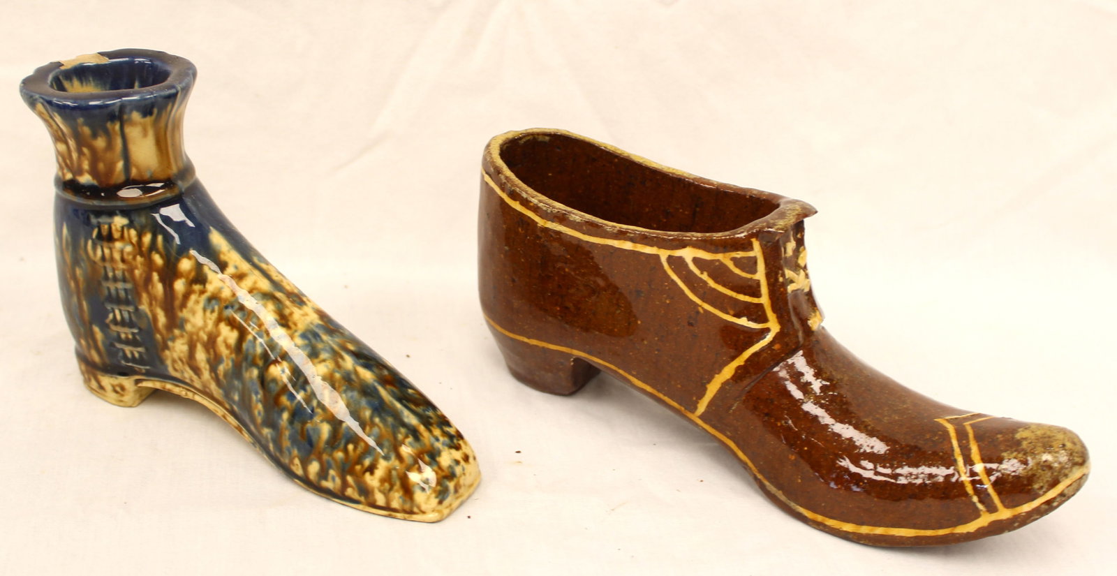 Lot of 2 antique redware & stoneware shoes - 4 1/4"x6 1/2" & 3 1/4"x8" (1 of 9)