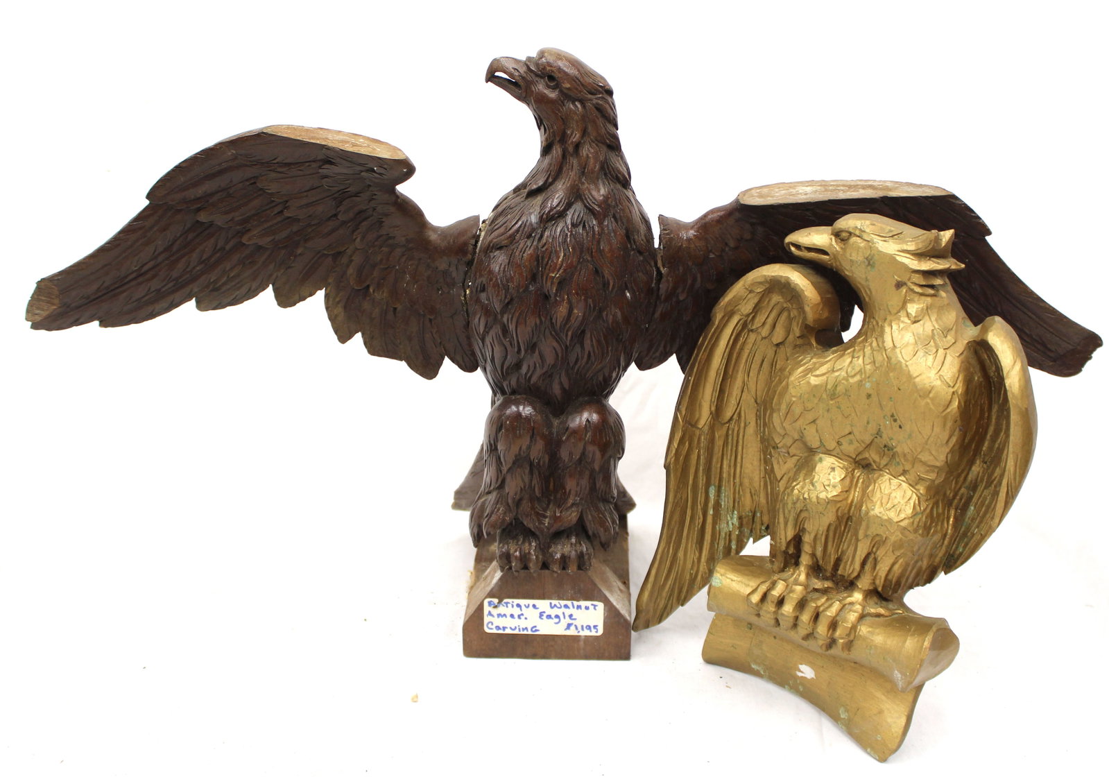 Lot of 2 wooden carved eagles - as found - 16" tall x 24" wing span & 9" tall x 8 1/2" (1 of 12)