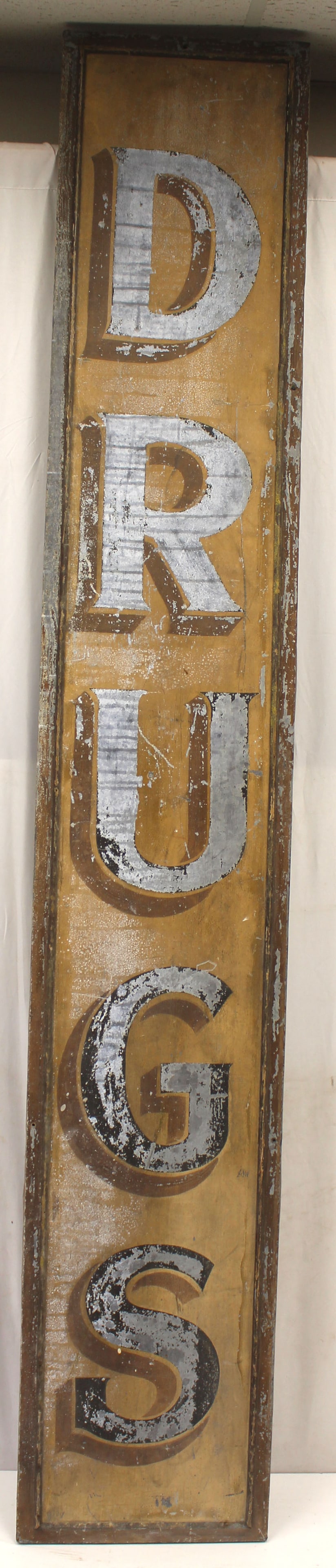 Antique painted tin large "Drugs" trade sign - 94" tall x 16" wide: Antique painted tin large "Drugs" trade sign - 94" tall x 16" wide