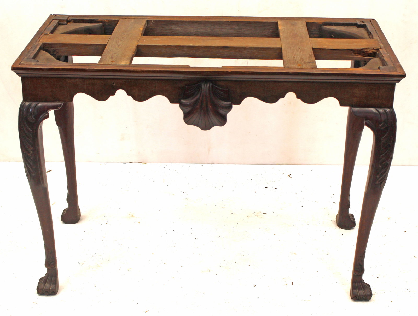 18thC Chippendale table base (only) w large shell carving on front & claw feet - 27" tall x 38"x18 (1 of 13)