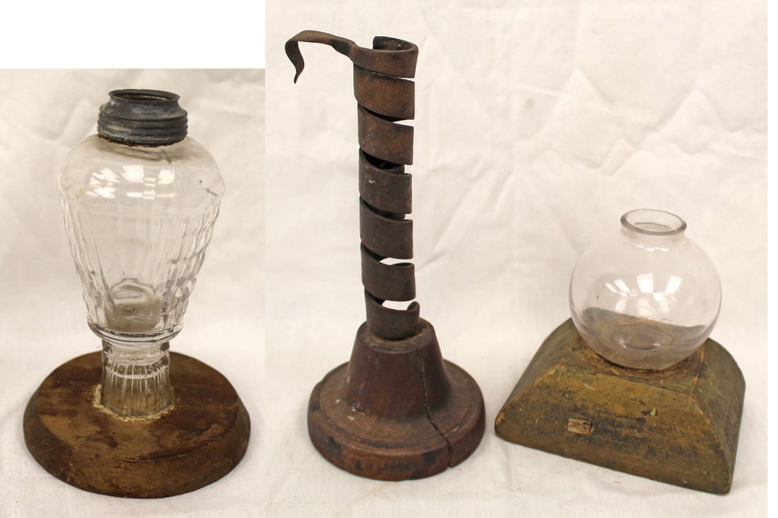 Lot of 3 antique make do lighting items on wooden bases - 5" - 8" tall (1 of 11)