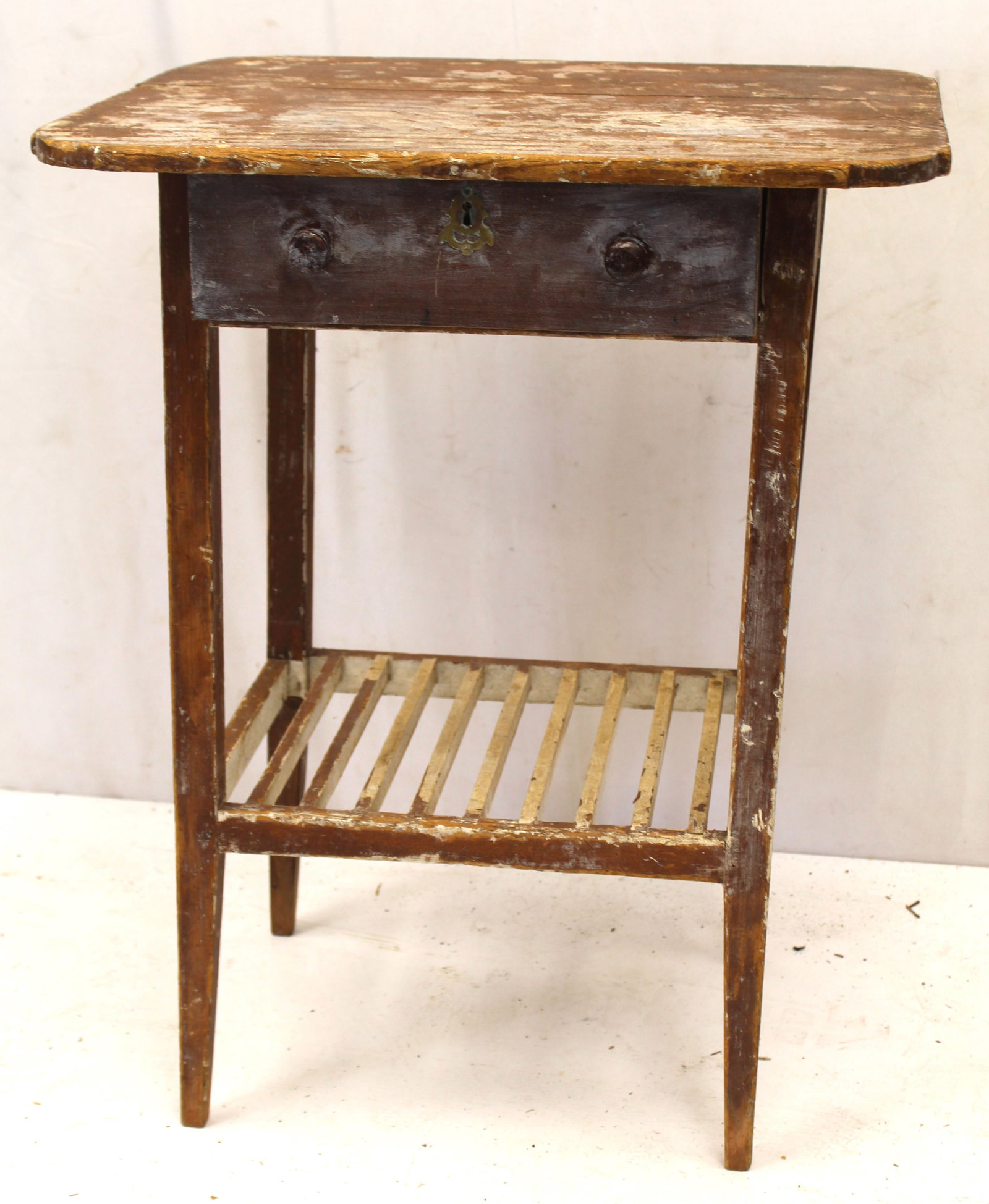 Antique 1 drawer washstand w lower slotted shelf in traces of white paint - 28" tall x 22"x18" (1 of 4)