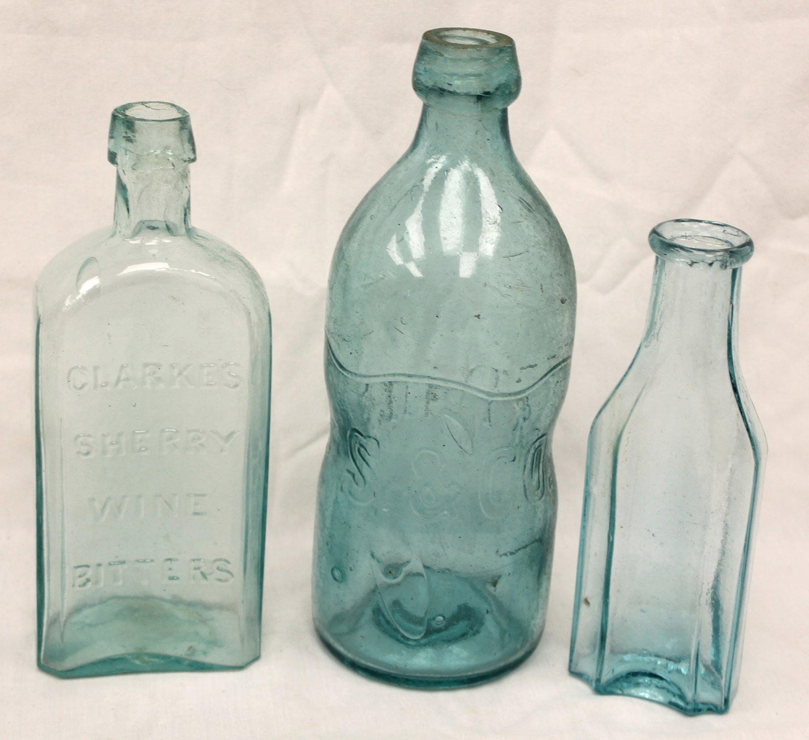 Lot of 3 early aqua glass bottles - 7", 8" & 9" tall (1 of 9)