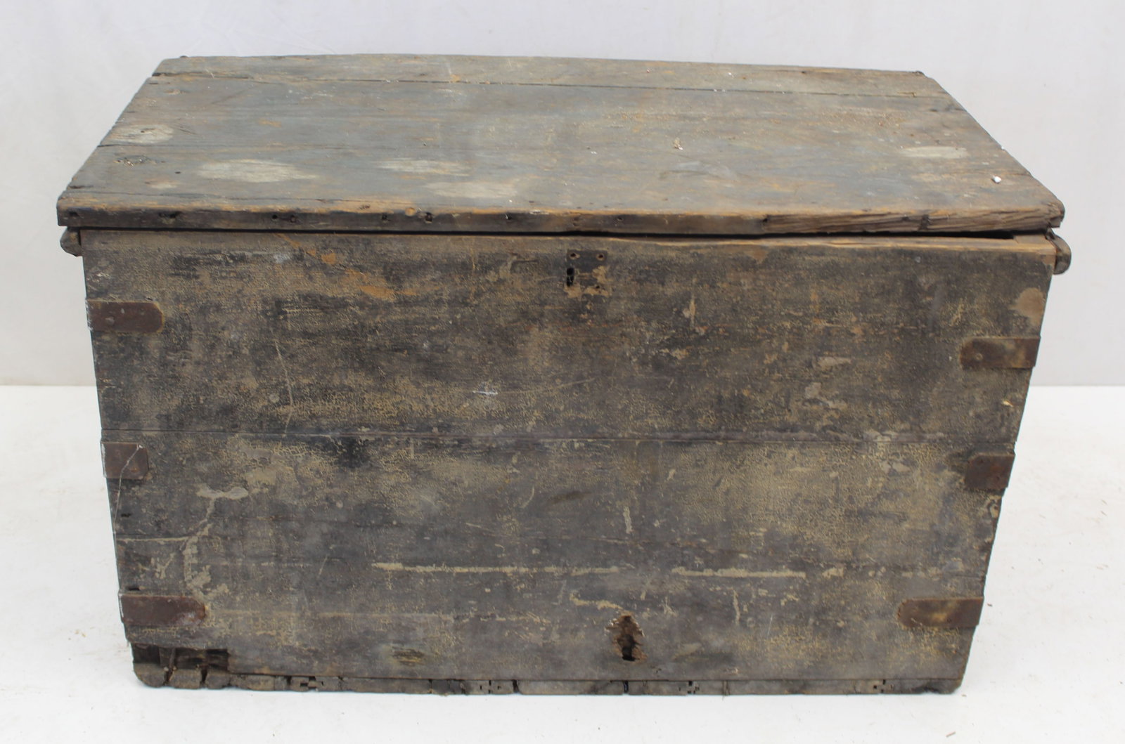 Antique wooden iron bound large storage box in blue paint - 22 1/2" tall x 39"x22 1/2" (1 of 11)