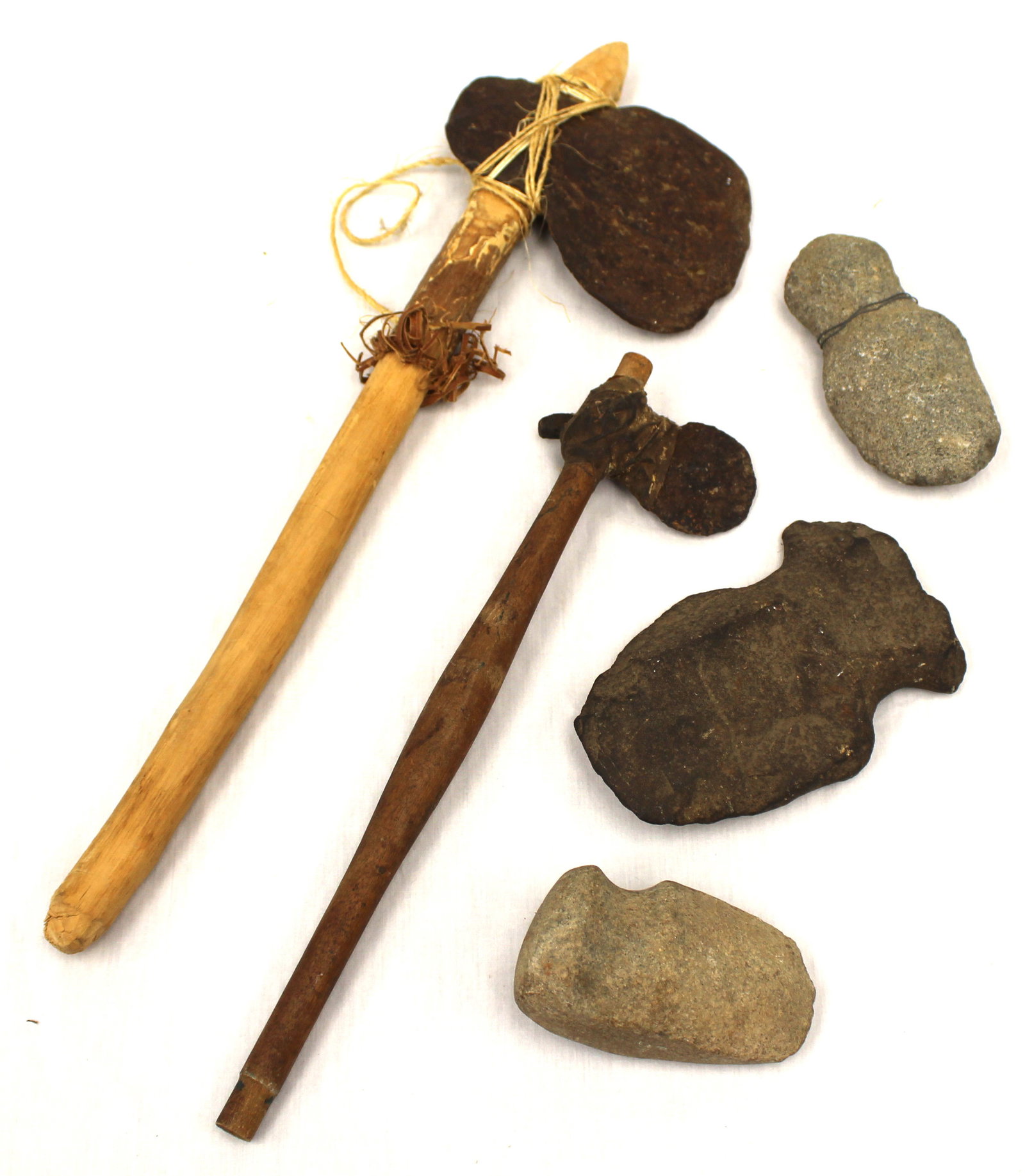 Lot of 5 antique stone ax heads/tools incl 2 on wooden handles - 4 1/2" - 20" (1 of 8)