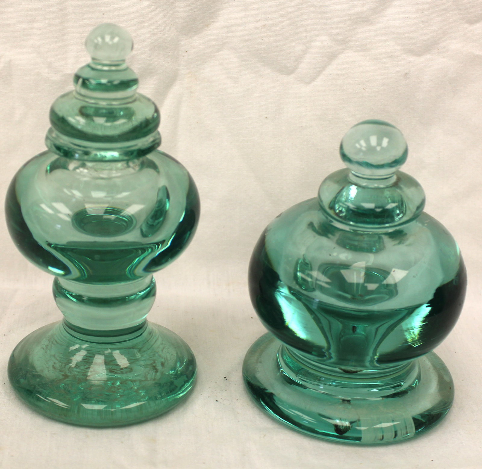 Lot of 2 early aqua glass covered jars - 5" & 6" tall (1 of 10)