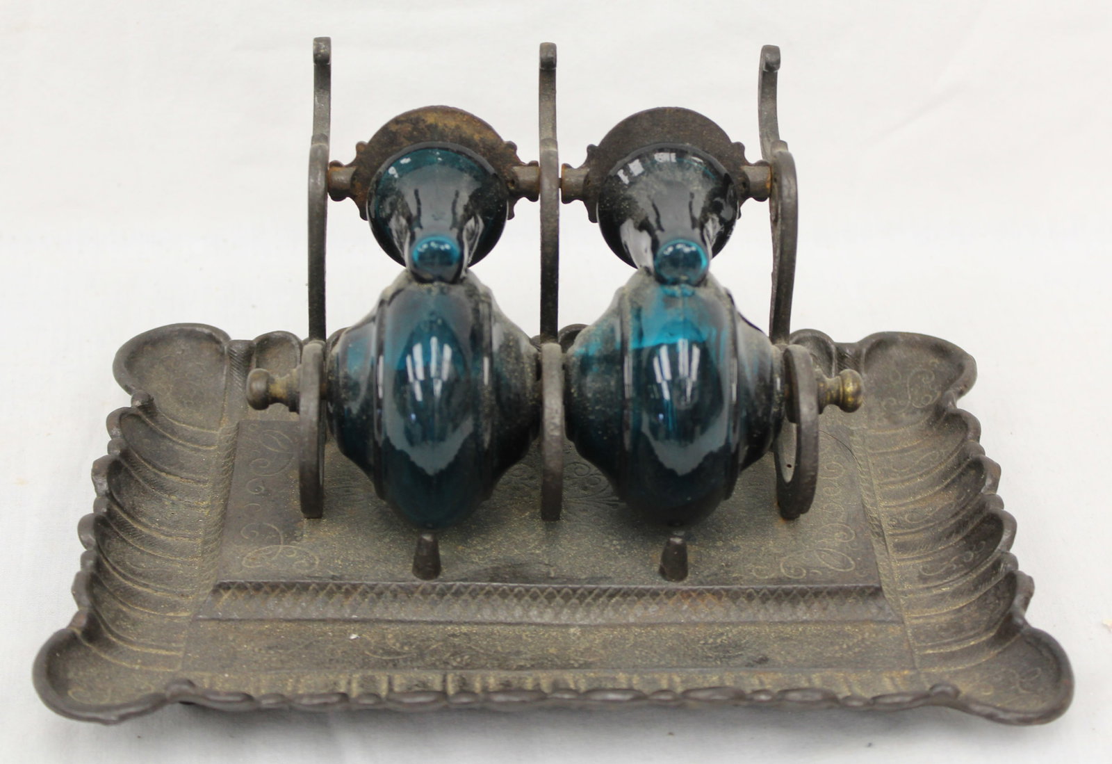 Antique wooden based double blue glass ink stand - 4" tall x8 1/2"x5 1/2" (1 of 6)