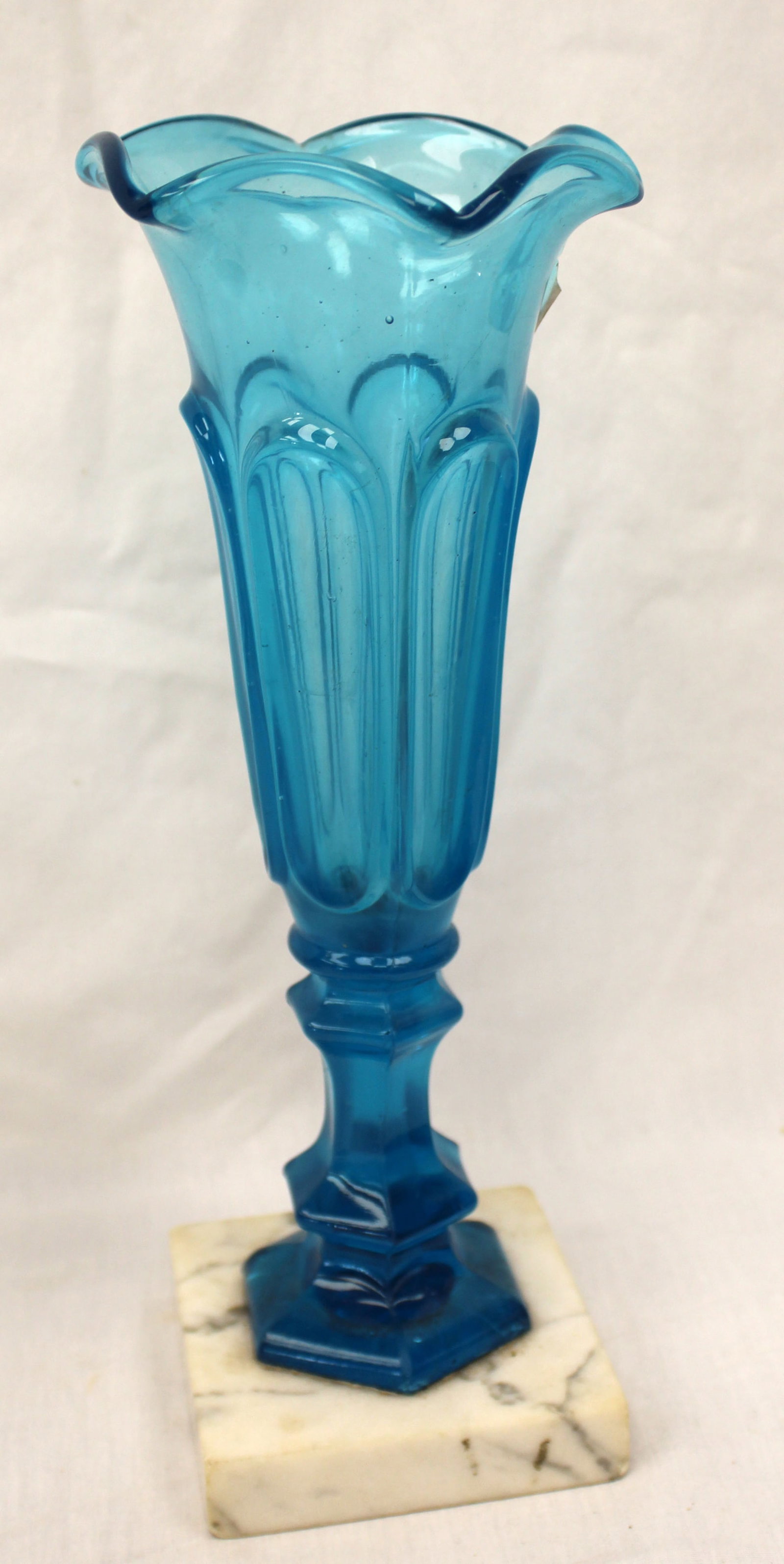 Early blue glass trumpet vase on marble base - 10" tall (1 of 6)