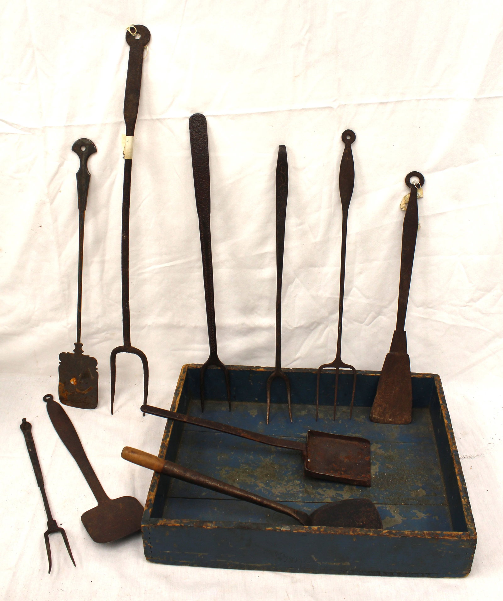 Lot of antique iron long handled implements in wooden painted blue box - box measures 3" tall x (1 of 6)