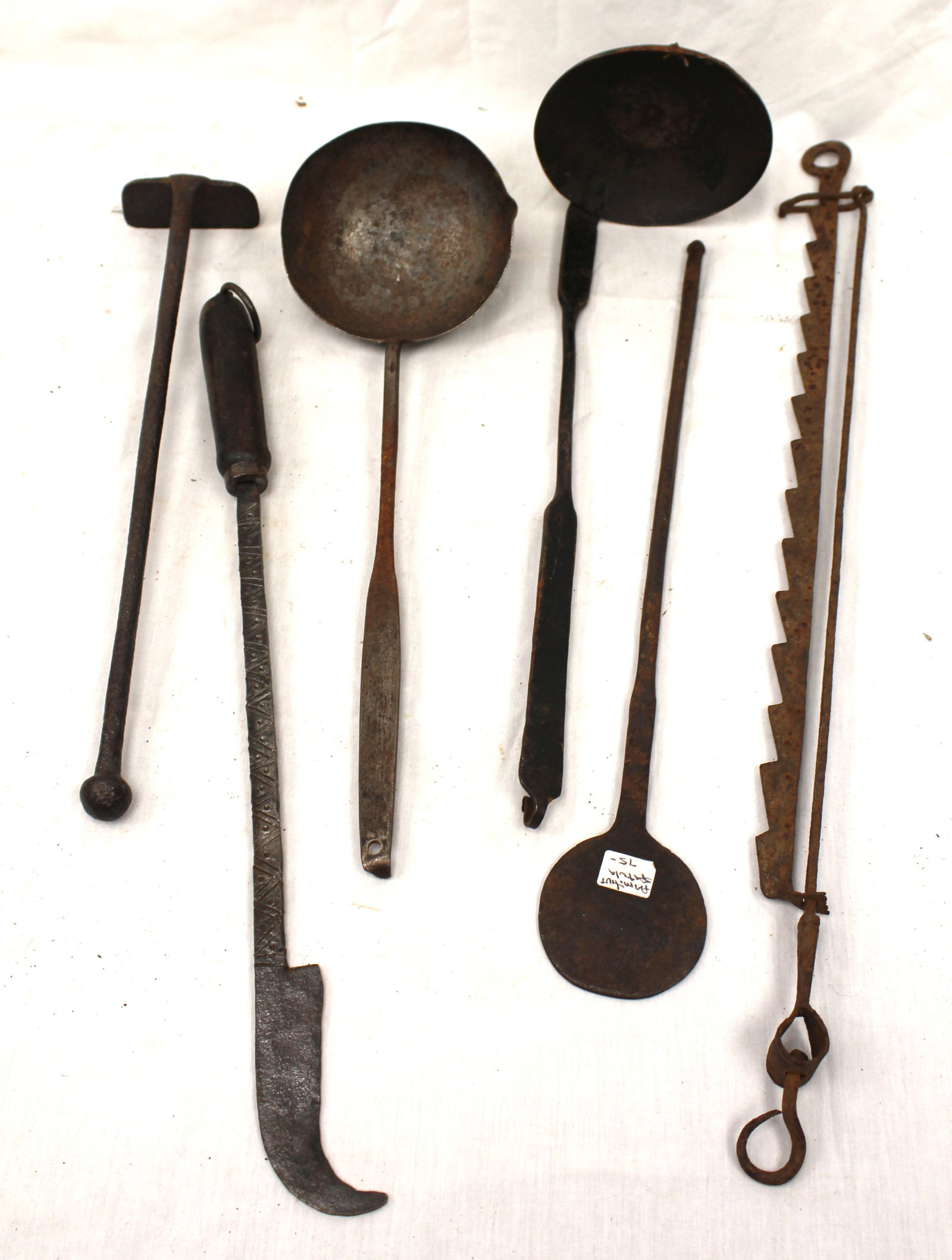 Lot of 6 antique iron implements - trammel, ladles, etc - 15" - 24" long (1 of 6)
