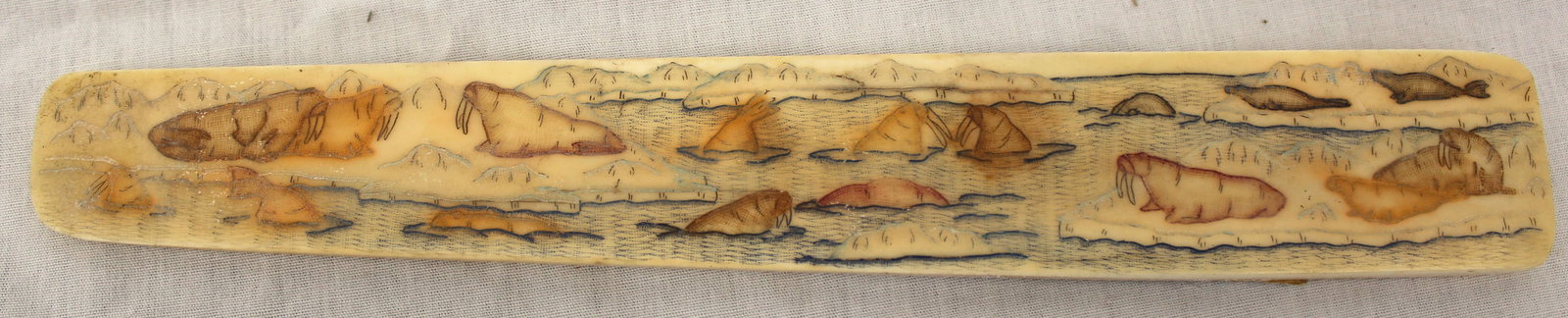 Antique bone scrimshawed busk w walrus motif - 8 1/2" long (1 of 6)