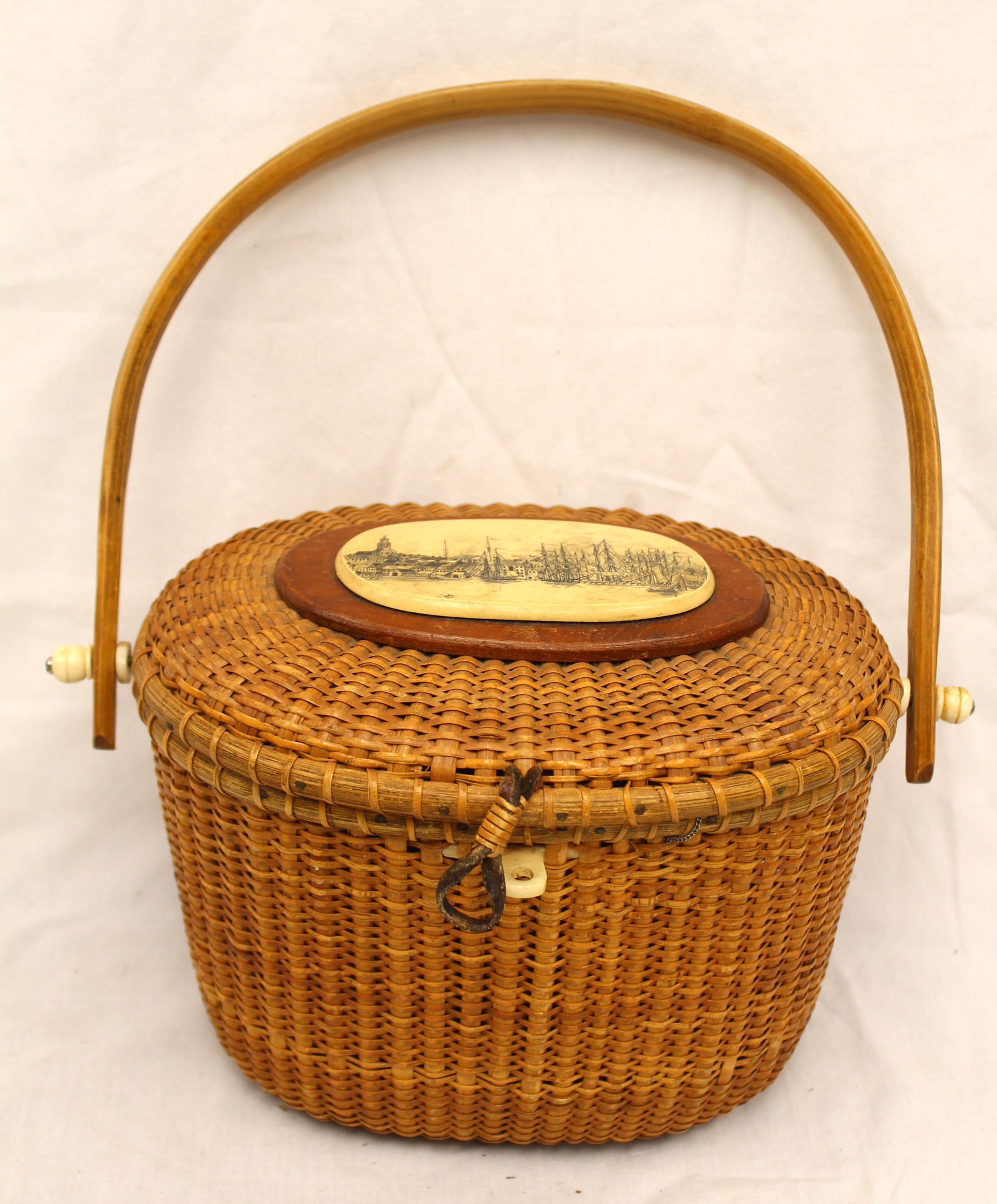 Nantucket swing handled basket w scrimshawed plaque w tall ships in a harbor motif - signed Barlow - (1 of 7)