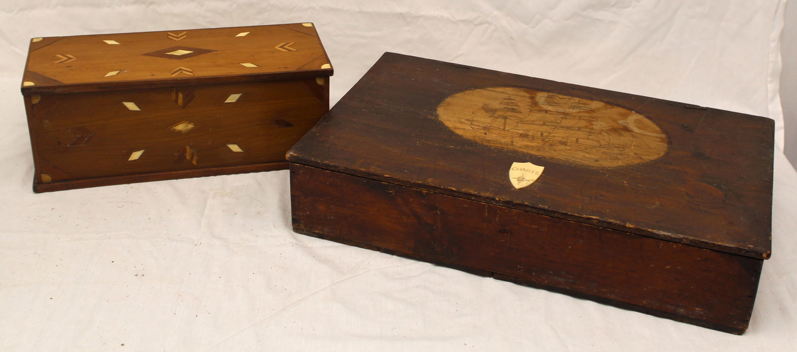 lot of 2 antique boxes - probably sailor made w ship inlay decoration on one & inlaid bone (1 of 14)