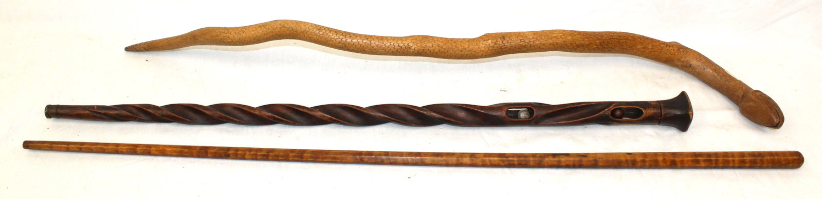 Lot of 3 carved wooden walking sticks incl snake w red eyes, tiger maple & whimsey w caged ball - (1 of 8)