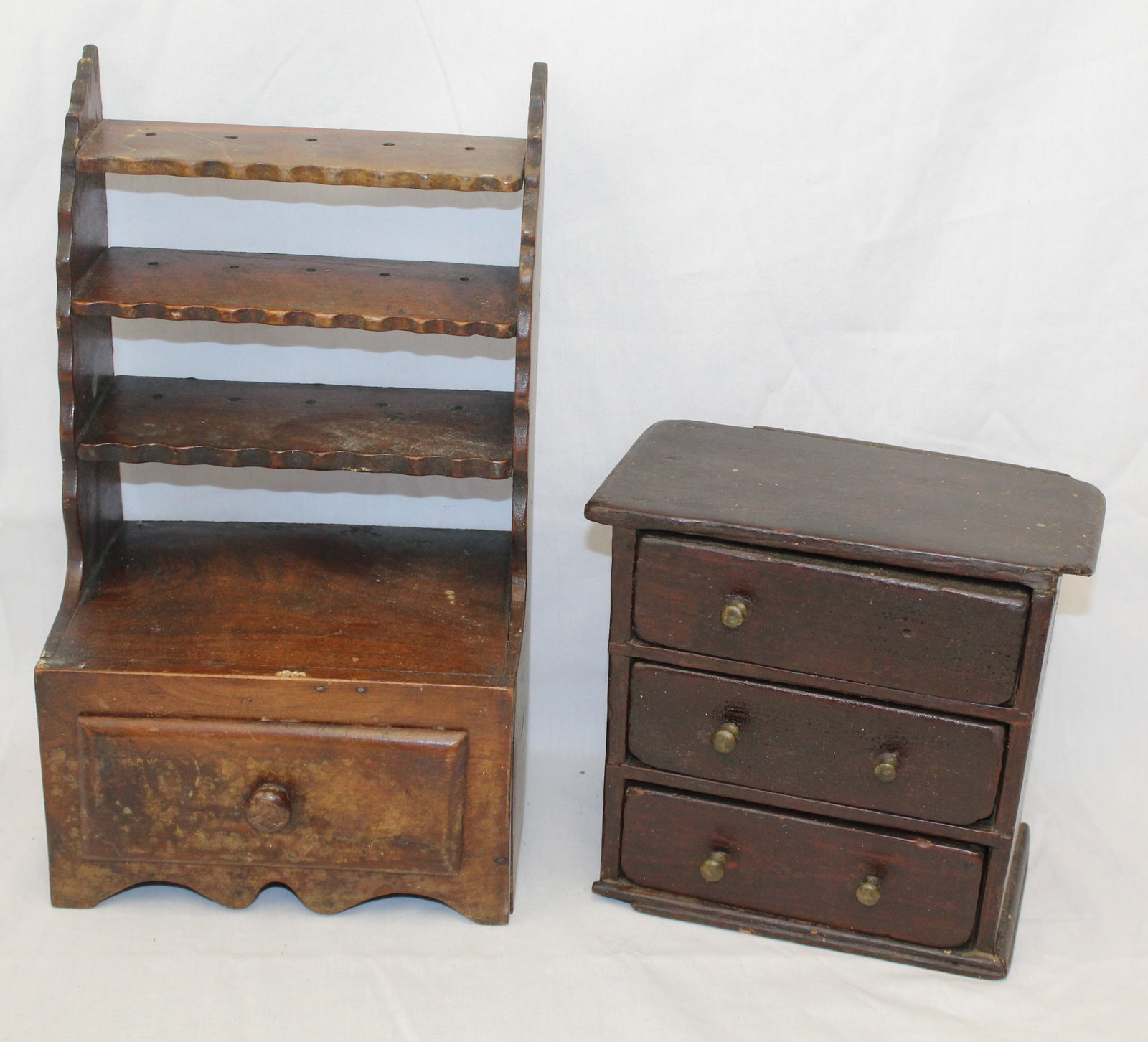 Lot of 2 antique miniature spice chests - 1 a 3 tier shelf over drawers & the other a 3 drawer (1 of 8)