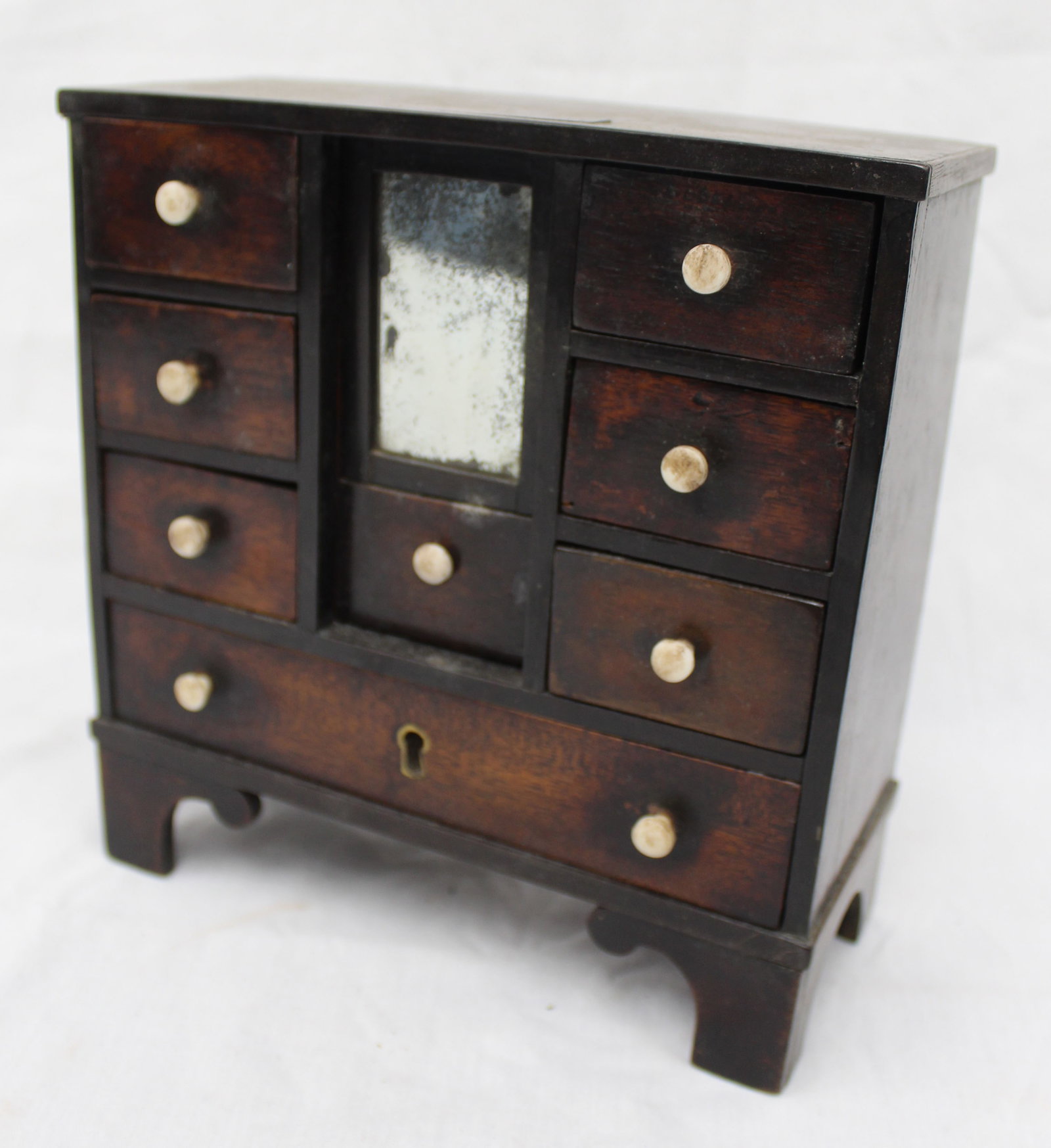 Antique miniature chest w 7 drawers and a mirror that lifts to reveal more drawers - 8" tall x 7 (1 of 7)