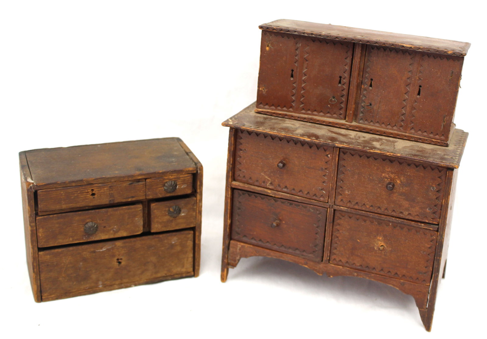 Lot of 2 antique miniature spice chests - 4 1/2" tall x 5 1/2"x3" & 9" tall x8"x4" (1 of 7)