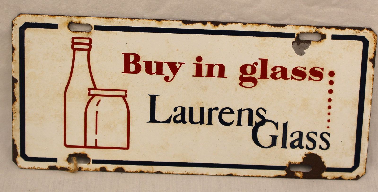 Small enameled vintage sign "Buy In Glass - Lauren's Glass" - 5 1/4"x12" (1 of 4)