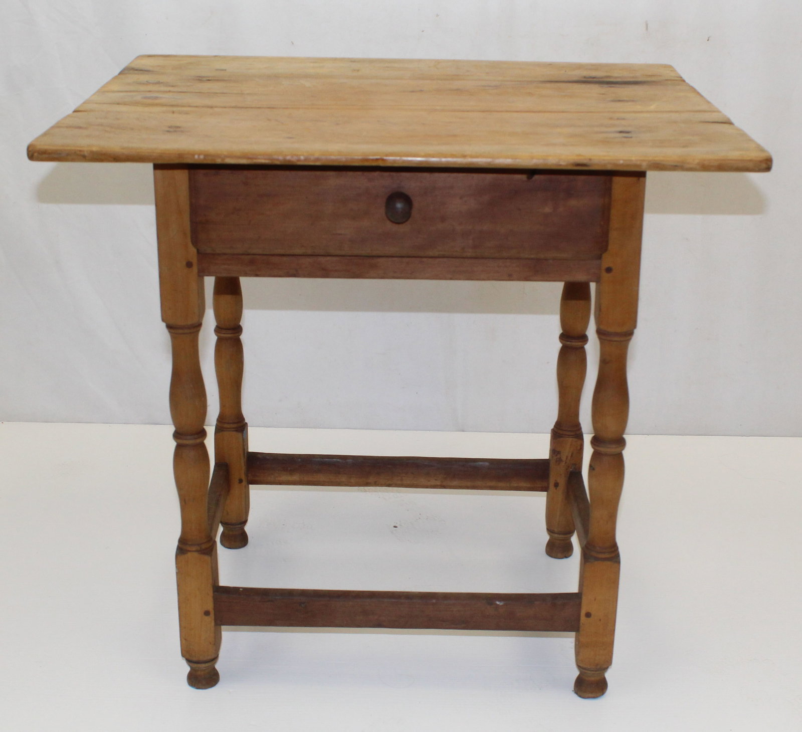 Antique 1 drawer work table on turned legs & stretcher base - 26" tall x 28"x24" (1 of 7)