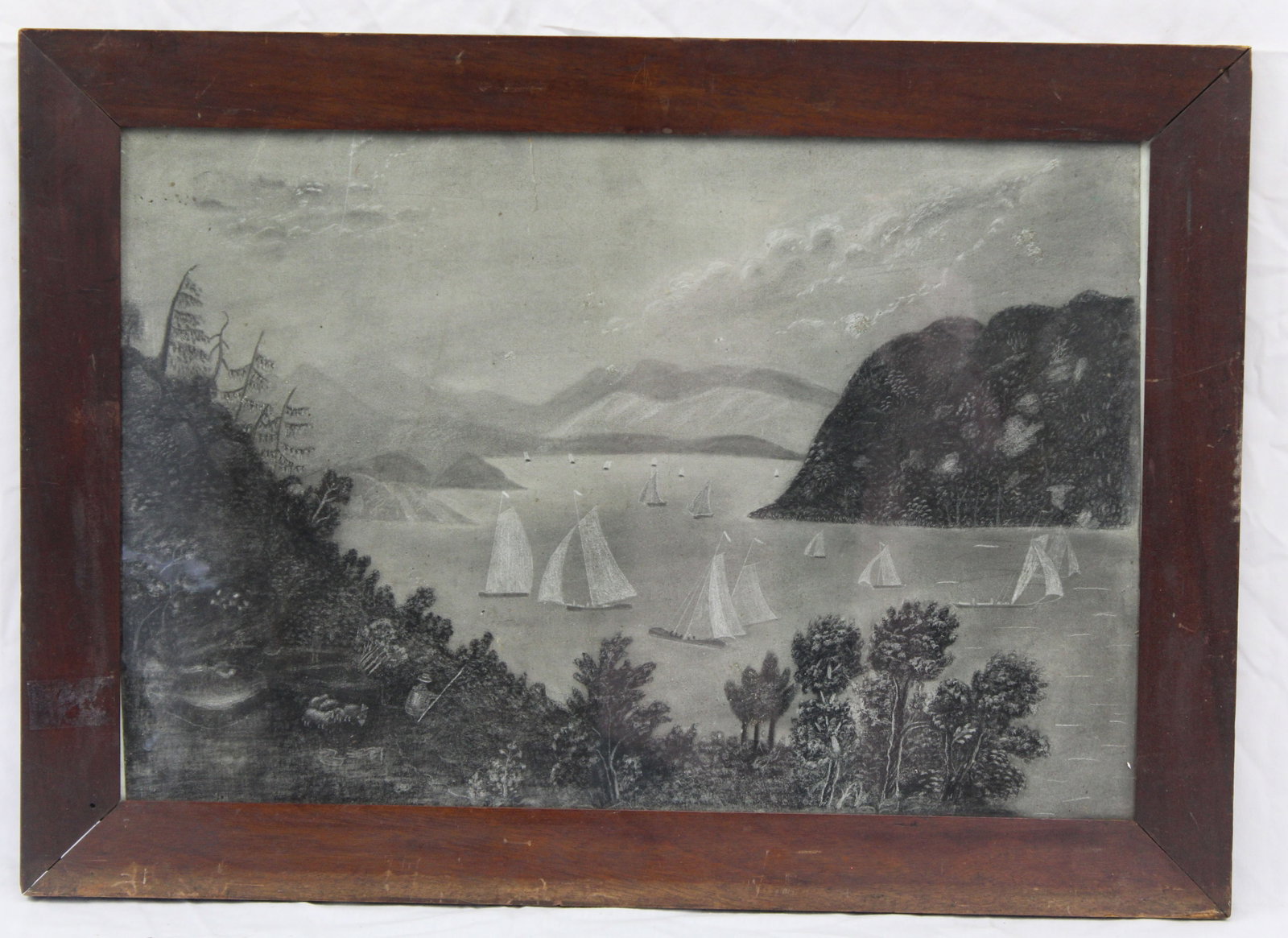 Antique charcoal of sailboats in a lake w mountains in background - overall framed size 18"x24 1/4" (1 of 7)