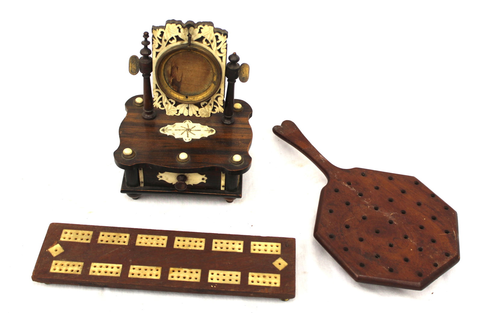Lot of 3 antique sailor made items incl small dresser box & cribbage board w bone inlay plus another (1 of 13)