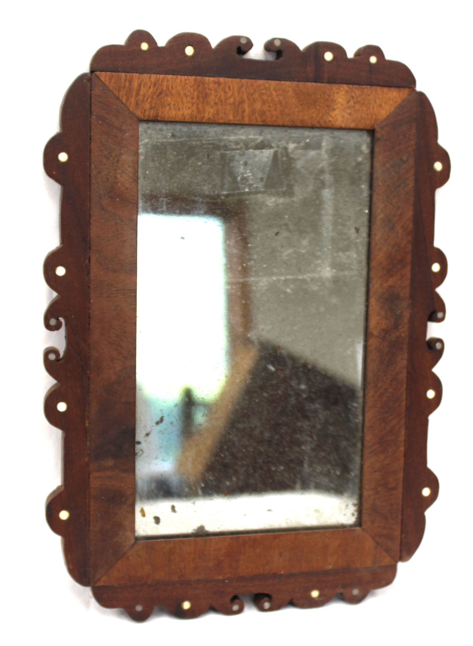 Antique courting mirror w bone inlay & shaped sides - probably sailor made - 11"x8" (1 of 7)