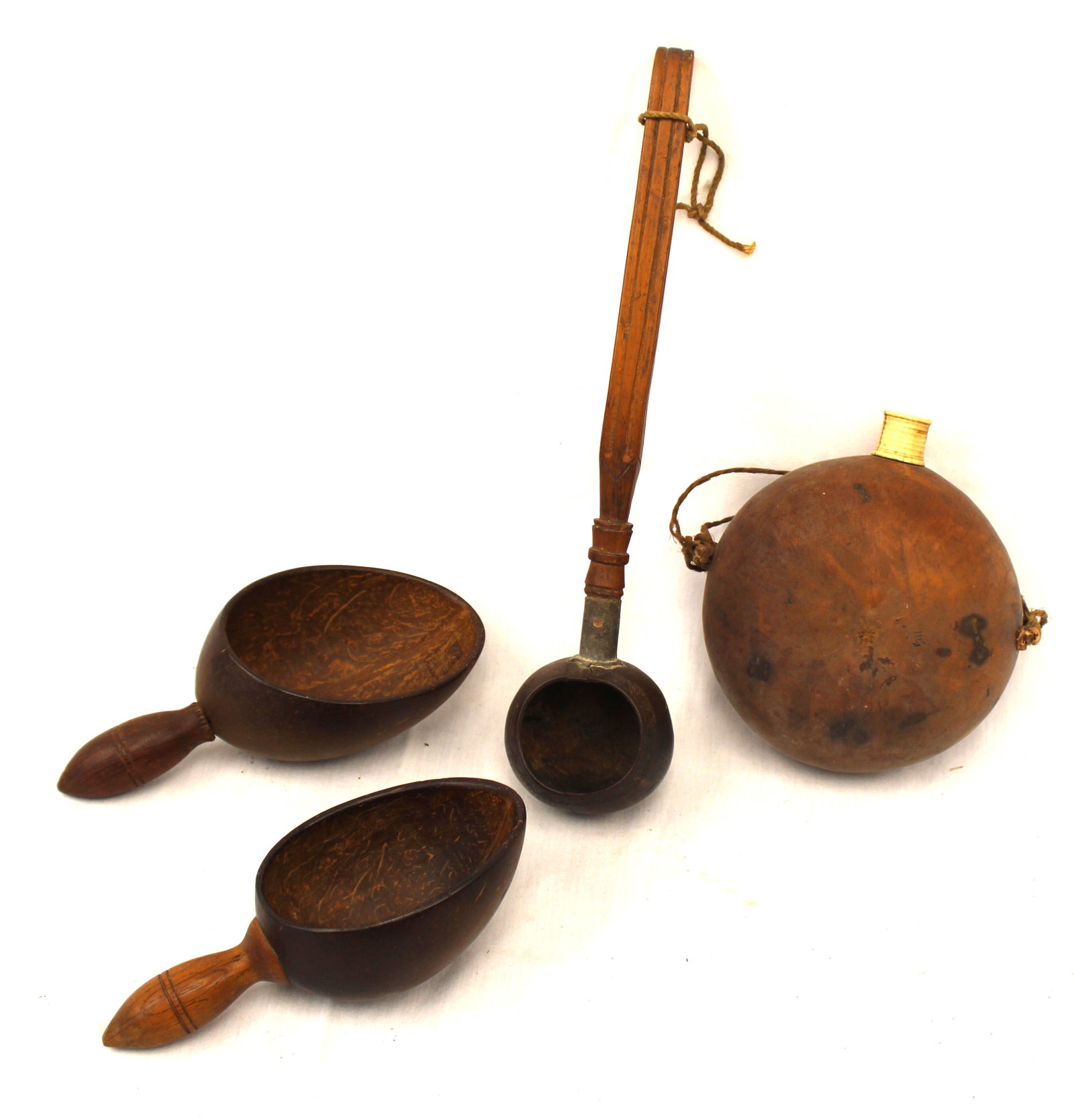 Lot of of coconut possibly sailor made items incl canteen, ladle & scoops - 6 1/2"-14" (1 of 13)