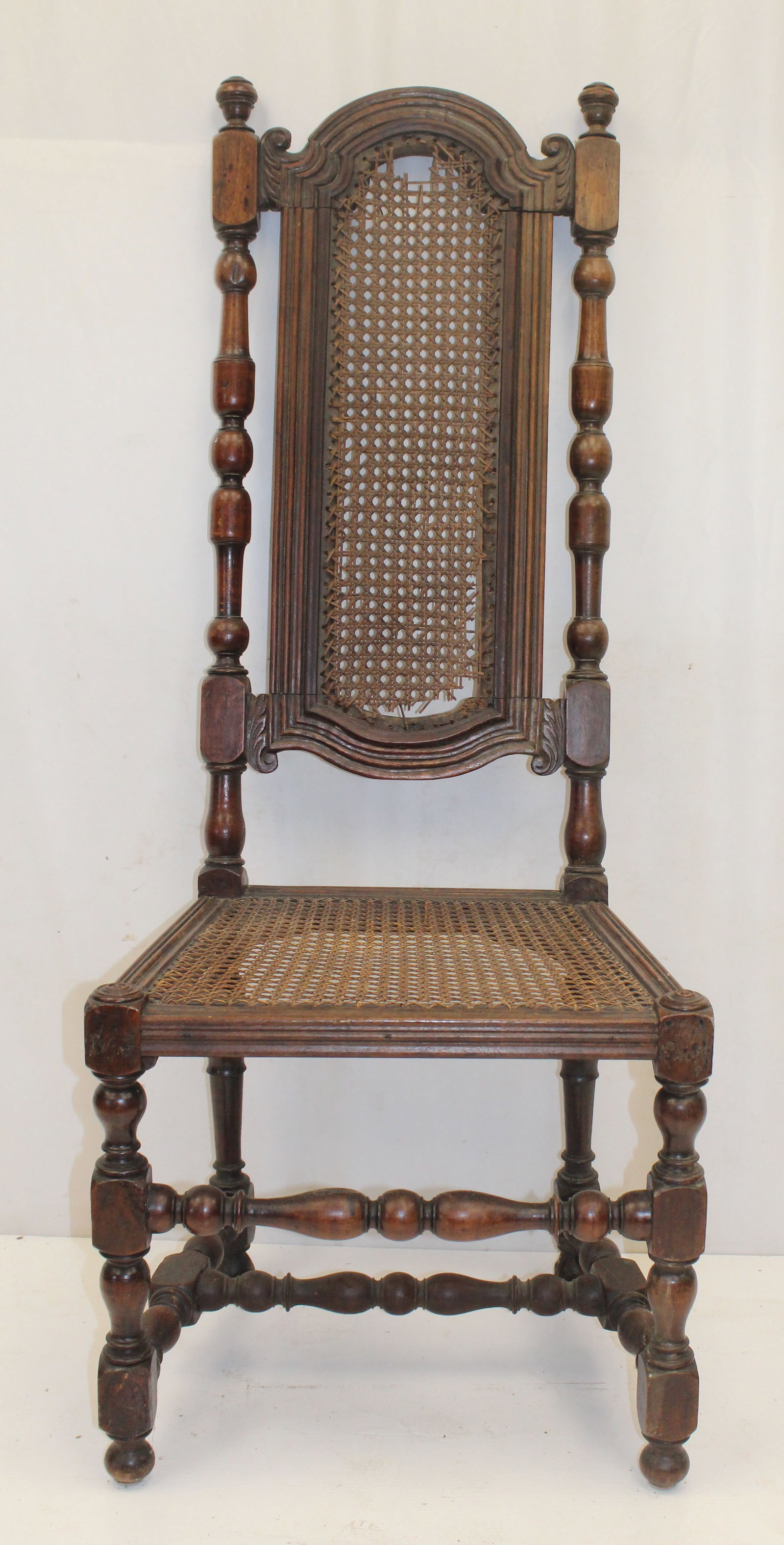 18thC carved oak side chair w cane seat & back & bulbous turnings - as found - 51" tall x21"x16" w (1 of 11)