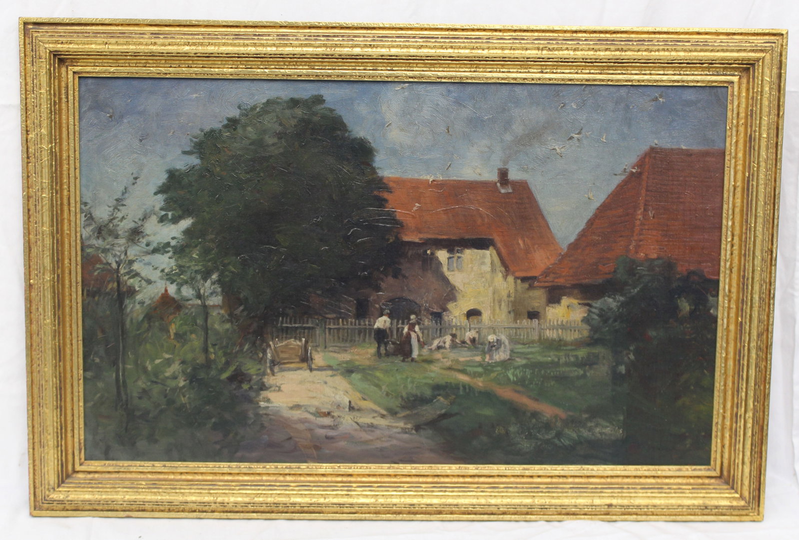 Antique o/c of a farmhouse w people working in the garden - 21 1/2"x32 1/2" (1 of 9)