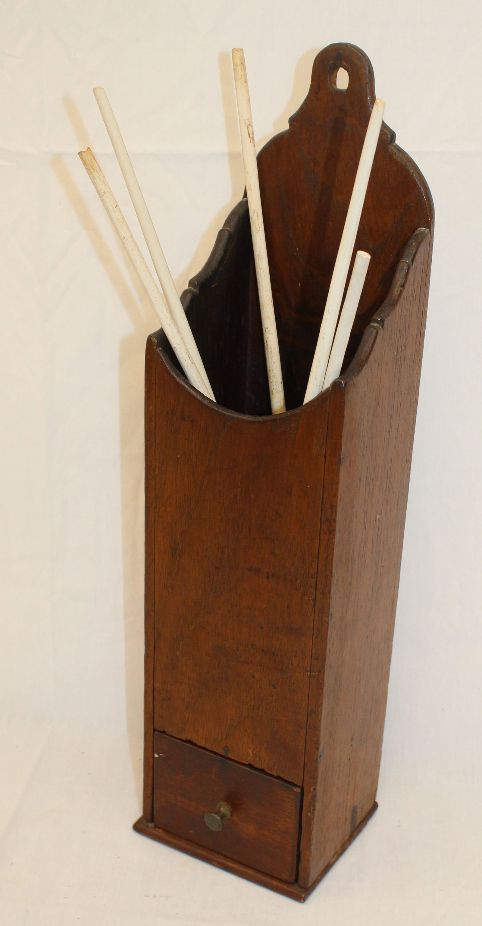 Antique 1 drawer pipe wall box w clay pipes - 20" tall x 5"x4 1/2" (1 of 7)
