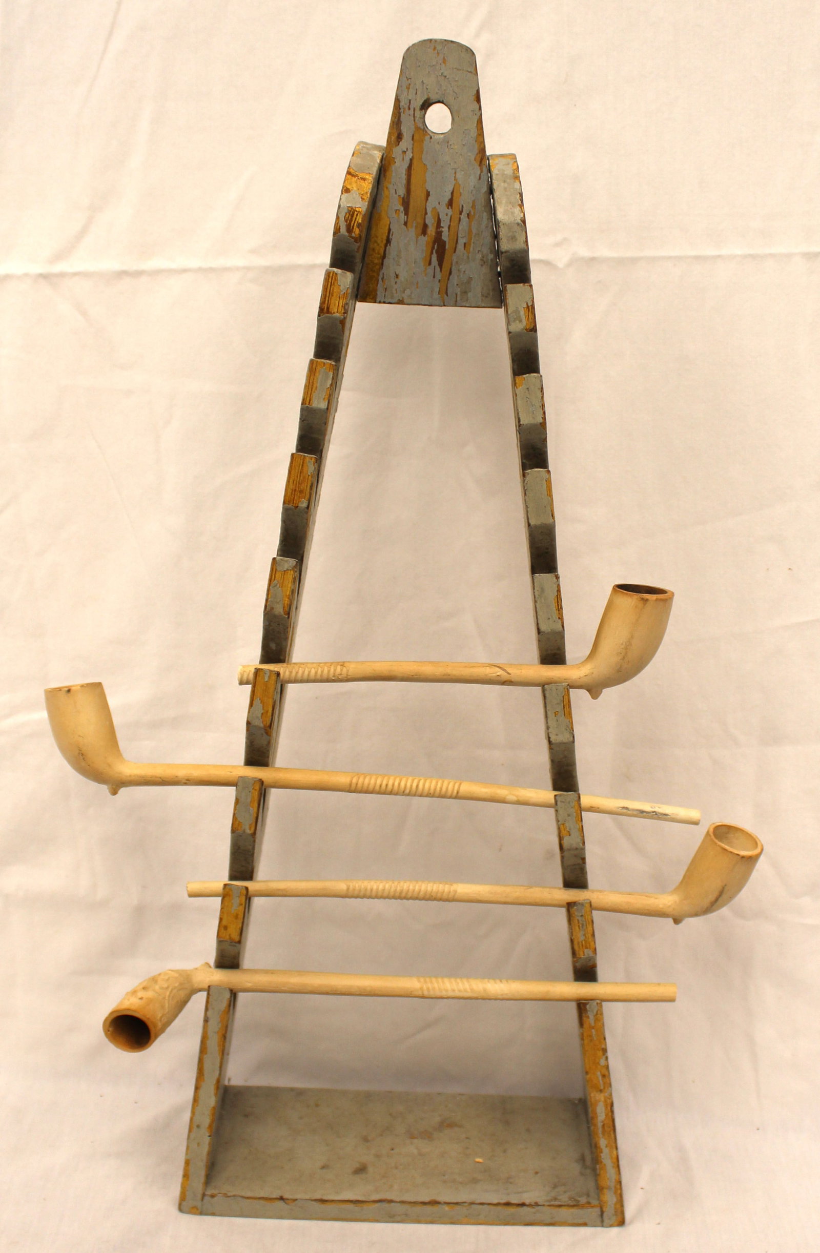 Amtique wooden pipe wall rack in gray paint w clay pipes - 21 1/4" tall x 8 1/2"x3" (1 of 8)