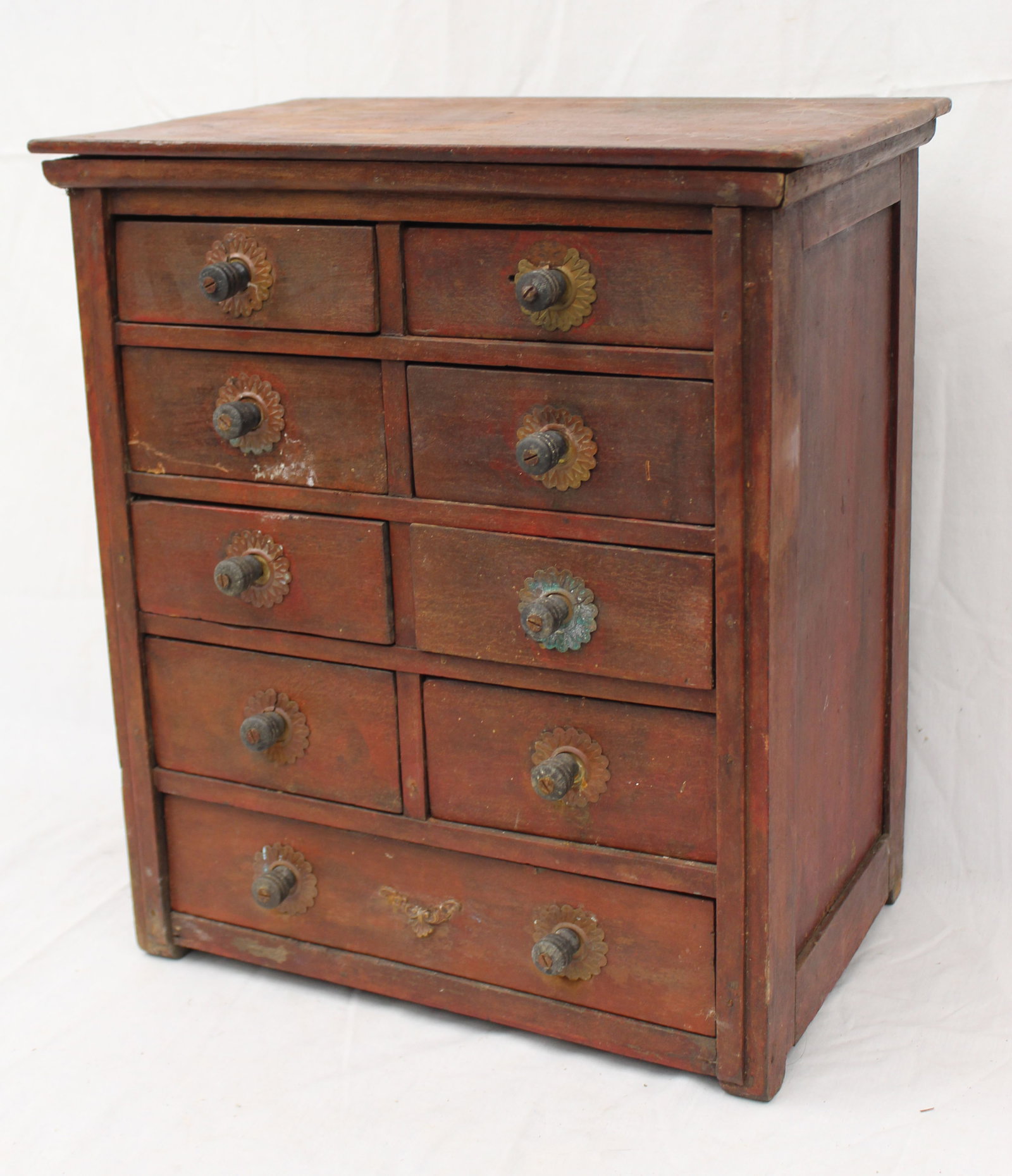 Antique 9 drawer spice box in red paint - 17 1/2" tall x 15 1/2"x10" (1 of 8)