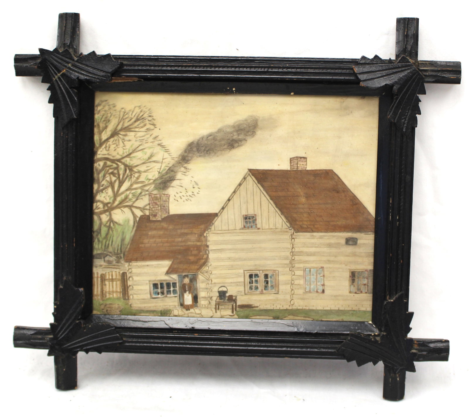 Antique w/c of a house w smoke coming out of the chimney & a woman standing in doorway - in an: Antique w/c of a house w smoke coming out of the chimney & a woman standing in doorway - in an antique criss cross frame - 13" x 15" overall framed size