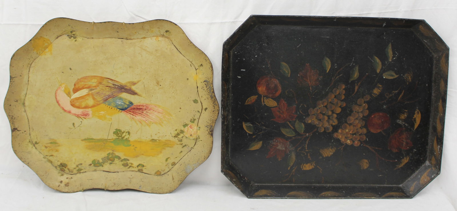 Lot of 2 antique tole trays incl yellow w bird dec & black w floral dec - 10"x20" & 18"x22" (1 of 8)